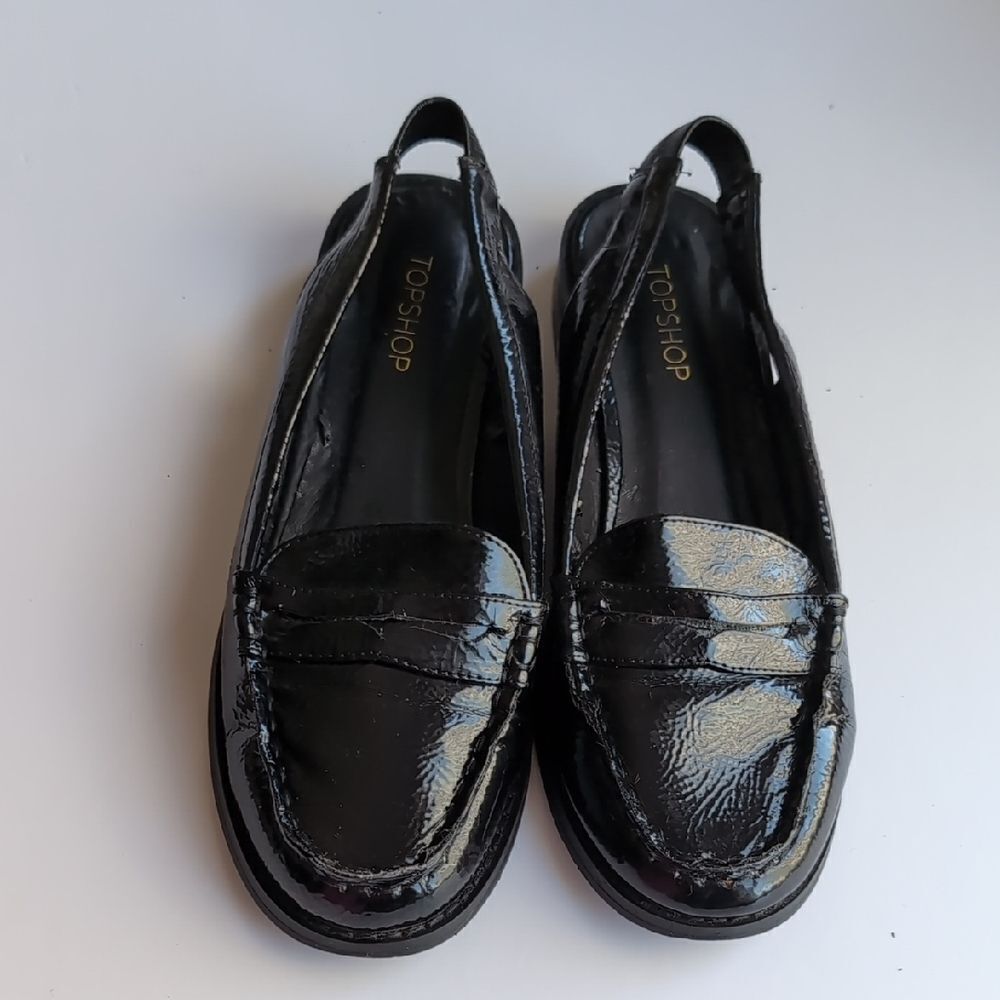 Topshop Black Patent Penny Sling Loafers Size 37 US6.5 - Picture 2 of 10